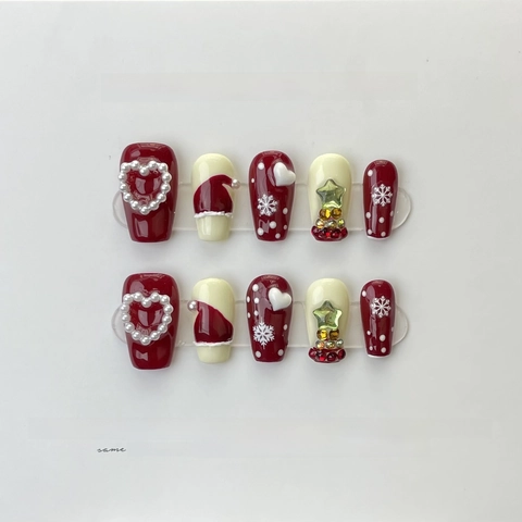 Handmade Press On Nails Christmas Theme Resin Faux Artificial Pearl Rhinestone Snowflake Heart Winter Holiday Luxury Red Cream