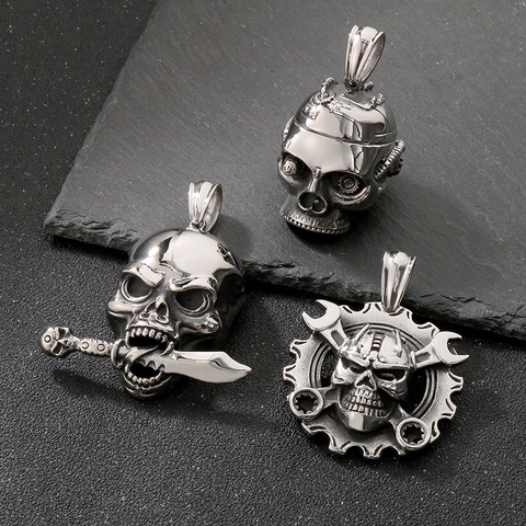 Collar Con Colgante De Calavera Acero Inoxidable Gótico Punk Biker Mecánico Pistola Doble Llave Daga Diseño Para Hombres