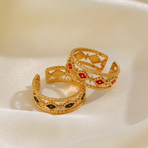 Anello Regolabile Malocchio Acciaio Inossidabile Placcato Oro Smalto Rombo Incavo Boho Gioielli Vintage Per Donne