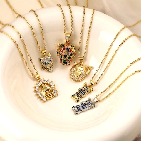 Animal Pendant Necklace Shiny Zircon Inlaid Copper Gold Plated Cat Horse Dog Leopard Trendy INS Style Jewelry For Women