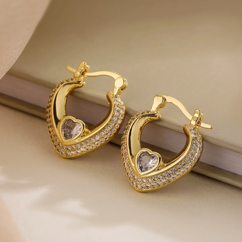Heart Huggie Hoop Earrings 18K Gold Plated Copper Cubic Zirconia Multi Color Stones Pave Heart Vintage Jewelry For Women