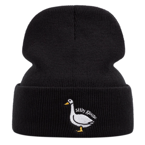 Silly Goose Embroidered Acrylic Beanie Hat For Men Women Warm Winter Knit Hip Hop Cuffed Skull Cap Daily Outdoor Headwear