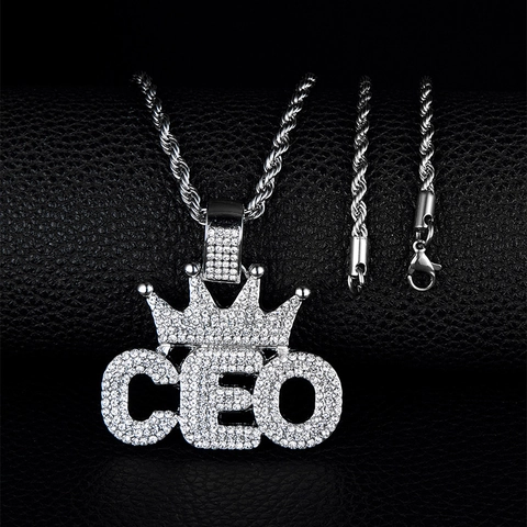 Collar con Colgante de Letra CEO Corona Hip Hop Diamantes de Imitación Colgante de Aleación para Hombre Mujer Joyería