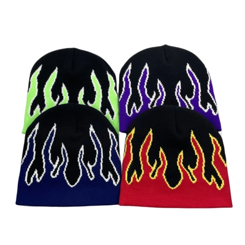 Gorro De Punto Con Estampado De Llamas Jacquard Acrílico Cálido Invierno Exterior Hip Hop Para Hombre Y Mujer