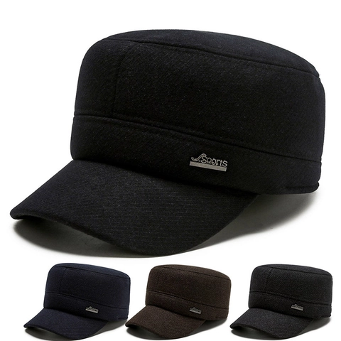 Cappello Cadet Invernale Uomo Tessuto Lana Protezione Orecchie Caldo Stile Militare Berretto Piatto Regolabile Sport
