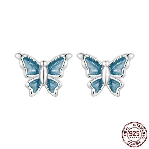 925 Sterling Silver Blue Butterfly Stud Earrings For Women Exquisite Gradient Enamel Animal Small Jewelry Gift