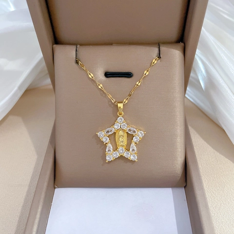 Star Pendant Necklace Virgin Mary Relief Guadalupe Titanium Steel Chain Copper Zircon Elegant Religious Women Jewelry