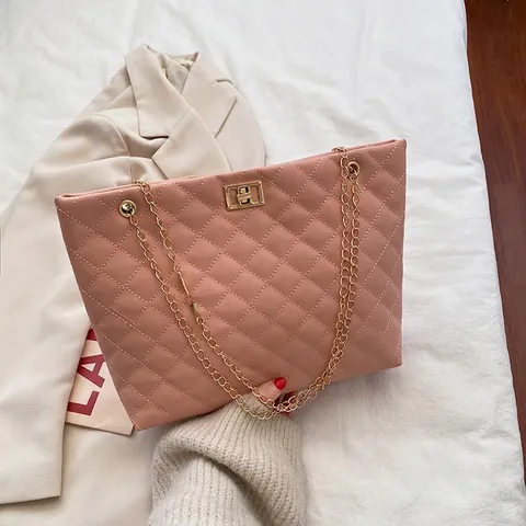 Women Quilted Shoulder Bag PU Leather Diamond Pattern Large Capacity Gold Chain Strap Korean Style Tote
