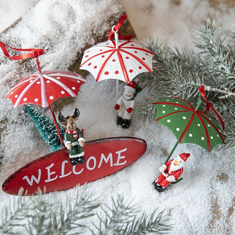 Christmas Hanging Ornaments Painted Metal Umbrella Santa Snowman Reindeer Welcome Sign Festive Tree Decoration Nordic Style