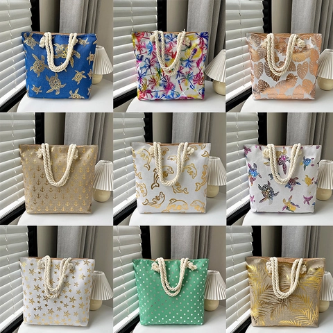 Large Capacity Canvas Tote Bag With Braided Rope Handle Tropical Print Summer Beach Travel Handbag For Women