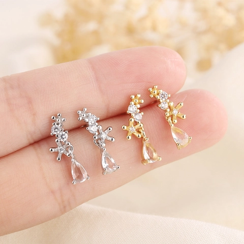 Flower Waterdrop Stud Earrings With Silver Earring Post Copper Cubic Zirconia Delicate Elegant Jewelry For Women