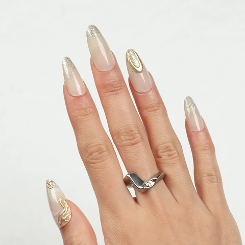 Uñas Postizas Press On Almendra Larga Rosa Nude Mármol Degradado Oro 3D Relieve Líneas Brillo Uñas Para Mujeres