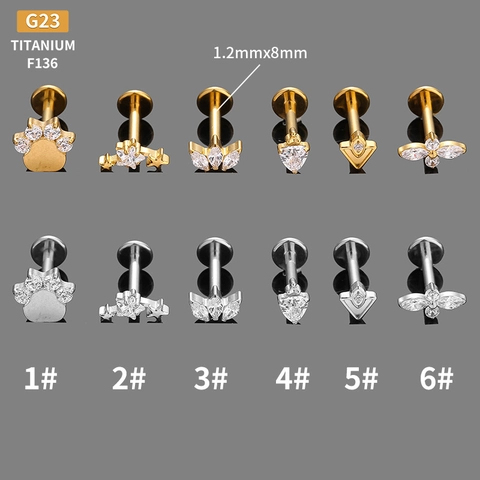 G23 Titanium Internally Threaded Labret Lip Studs Cartilage Earrings Zircon Star Heart Flower Piercing Body Jewelry