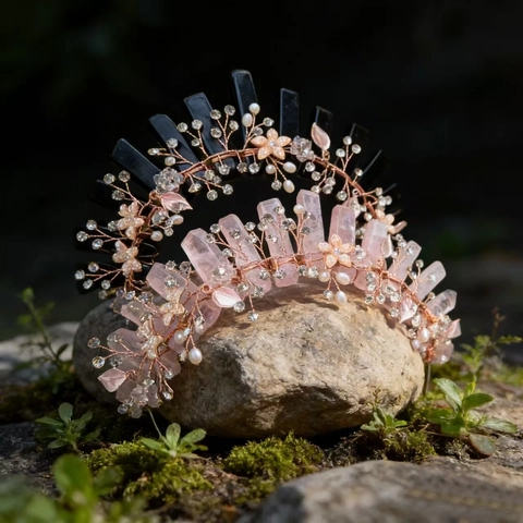 Natuurlijke Ruwe Kristallen Kroon Hoofdband Handgemaakte Strass Kunstparel Bloem Tiara Bohemien Bos Stijl Bruiloft Verjaardag