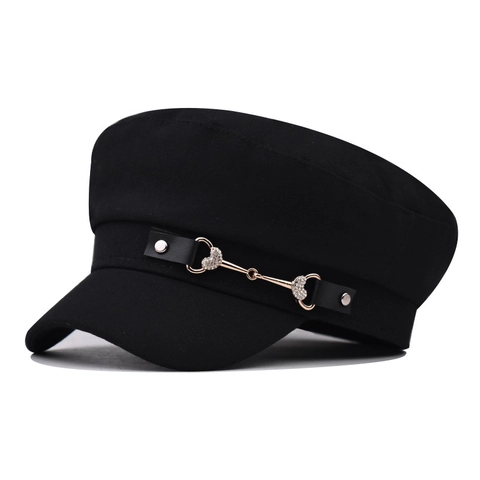 Women Newsboy Cap Cotton Twill Military Style Hat With Heart Rhinestone Horsebit Faux Leather Band Retro Solid Color