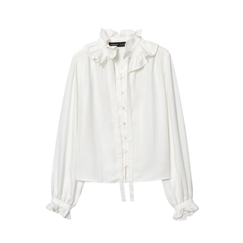 Women Ruffled Stand Collar Blouse Long Sleeve Polyester Solid Color French Vintage Elegant Tie Neck Shirt Top
