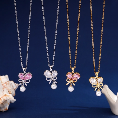 Collana con Pendente a Fiocco in Rame Stile Coreano con Strass a Cuore e Ciondolo in Perla Artificiale Catena da Clavicola per Gioielli Donna