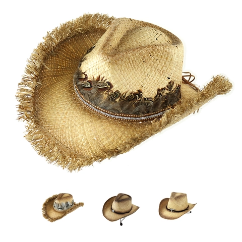Western Cowboy Straw Hat Wide Brim Sun Protection Frayed Edge With Feather And Metal Decor For Women Vintage Style