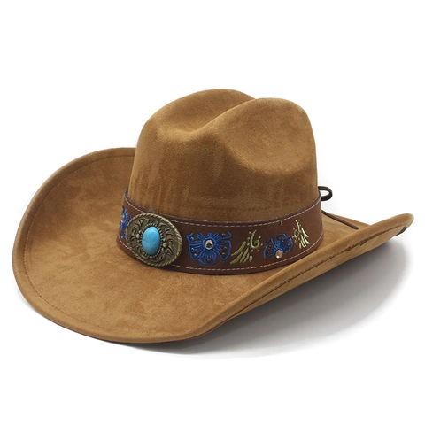 Western Cowboy Hat Suede Turquoise Ornament Vintage Ethnic Floral Embroidery Wide Brim Retro Outdoor Fedora Men Women