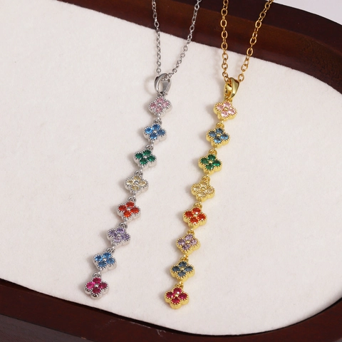 Luxury Stainless Steel Colorful Zirconia Four Leaf Clover Pendant Necklace Women 18K Gold Plated Multi Color Flower Fashion Jewelry