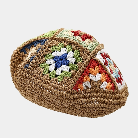Handgefertigte Gehäkelte Papierstroh Baskenmütze Bohemien Oma Quadrat Blumenmuster Vintage Atmungsaktiv Sommer Sonnenschutz Mode
