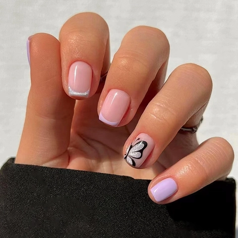 Faux Ongles À Presser Ballet Court Papillon Aurora Paillettes Taro Violet Brillant Petit Style Frais Pour Femmes