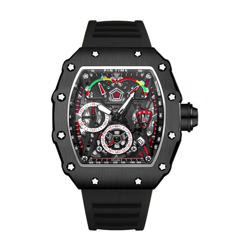 Men Quartz Watch Tonneau Shape Hollow Dial Stainless Steel Case Silicone Strap Waterproof Sports Casual Fashion Wristwatch