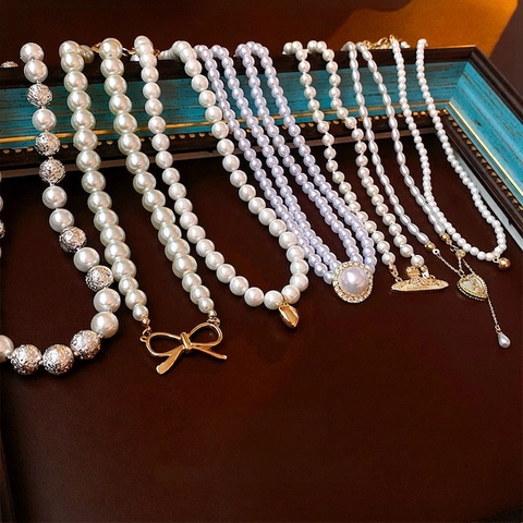 French Retro Artificial Pearl Necklace For Women Elegant Multi-layer Choker With Alloy Heart Bow Flower Pendant Rhinestone