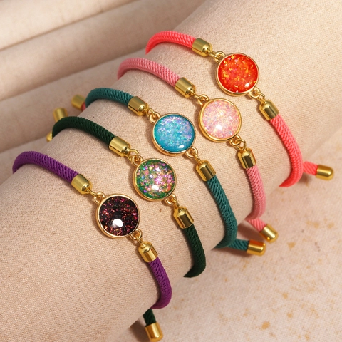 Woven Rope Bracelet Gold Plated Copper Round Glitter Resin Charm Adjustable Colorful Lucky Jewelry For Women