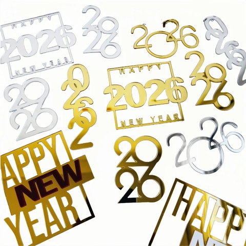 Mirror Acrylic Cake Topper Merry Christmas Happy New Year 2026 Reflective Cupcake Decoration Holiday Party Props