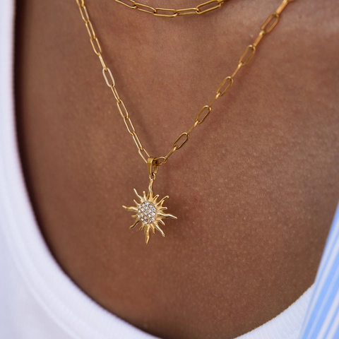 Collana A Strati Ciondolo Sole Acciaio Inossidabile Catena Graffetta Strass Oro Gioielli Donna