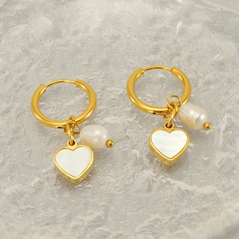 Heart Pendant Hoop Earrings 18K Gold Plated Stainless Steel Natural Artificial Pearl Mother Of Artificial Pearl Jewelry