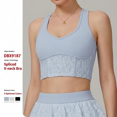 Damen Sport BH Yoga Weste Spitze Patchwork Racerback V Ausschnitt Atmungsaktiv Mesh Fitness Laufen Top Mit Herausnehmbaren Polstern