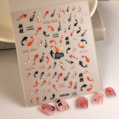 Koi Karper Nagel Stickers 5D Reliëf Lotus Lucky Charm Klevend Waterdicht DIY Manicure Decoratie Vrouwen