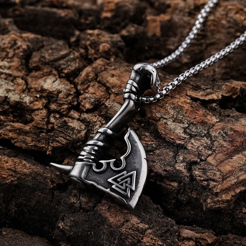 Viking Axe Pendant Necklace Stainless Steel Valknut Symbol Retro Hip Hop Punk Style Accessory For Men