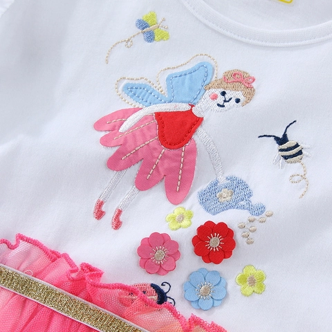 Girls Cotton Fairy Embroidery Rainbow Tulle Dress Ruffle Sleeve Princess Sequin Waist Kids Summer Patchwork Party Dress
