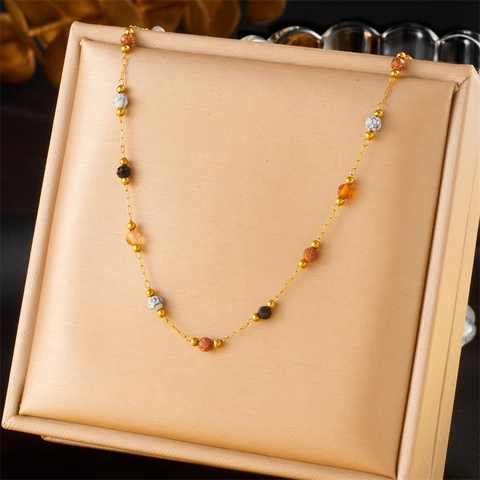 Collier En Acier Inoxydable Vintage Pour Femmes Plaqué Or Avec Perles En Pierre Naturelle Colorées Chaîne