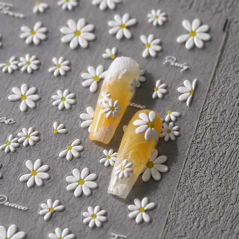 5D Relief Nagelaufkleber Weiße Gänseblümchen Blumen Selbstklebende 3D Geprägte Nail Art Abziehbilder Frisches Frühlingsdekor