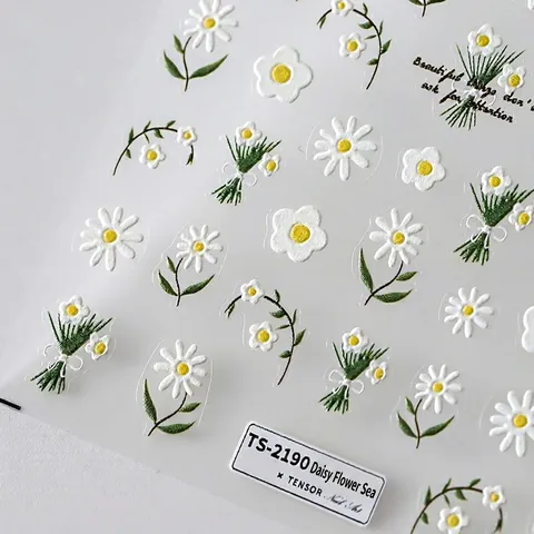 Stickers Ongles 5D Gaufrés Marguerite Design Floral Autocollant Décoration Manucure Pour Femmes Fleurs Blanches