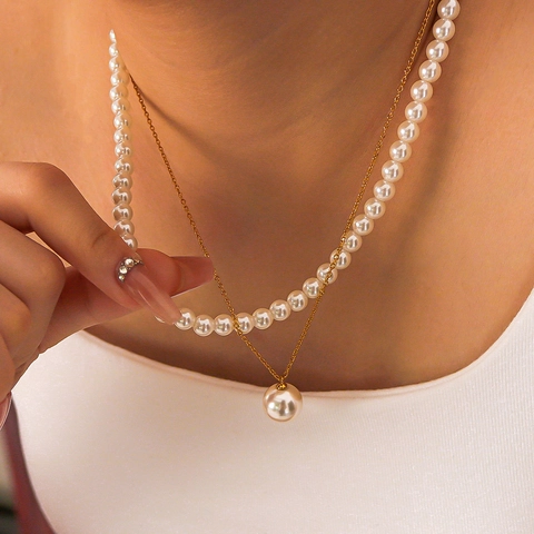 French Retro Layered Stainless Steel Artificial Pearl Necklace For Women 18K Gold Plated Vintage Elegant Clavicle Chain Jewelry