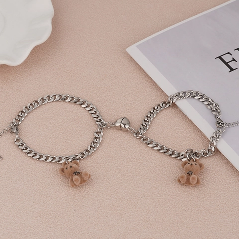 Ensemble de Bracelets de Couple Aimant de Coeur Ours en Acier Inoxydable Chaîne à Maillons Cubains Réglable pour Amoureux Bijoux