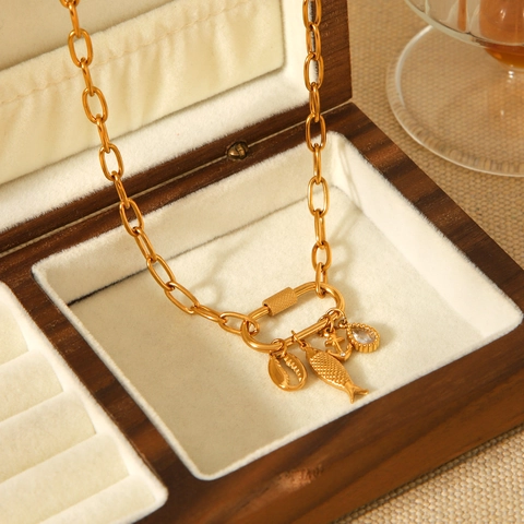 Roestvrijstalen Ketting Met Afneembare Zee Oceaan Bedels Vis Schelp Anker Karabijnsluiting Paperclip Ketting Voor Dames