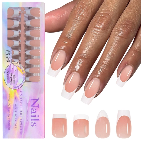 Franse Press On Nagels Soft Gel Soak Off Systeem Vooraf Aangebrachte Base Coat En Primer Natuurlijke Pasvorm Voor Vrouwen