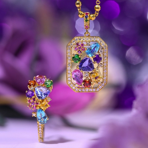 Bijoux de Luxe Jardin Secret Pendentif Coloré en Strass Collier Bague Réglable Plaqué Or Accessoire Floral Bijoux Femme