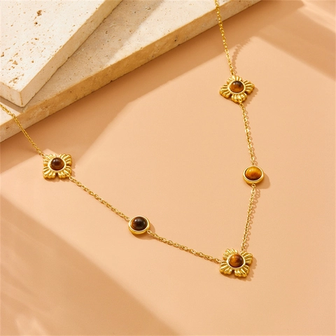 Collana E Bracciale In Acciaio Inossidabile Placcato Oro Pietra Occhio Di Tigre Trifoglio Fiore Gioielli Eleganti Retro Donna