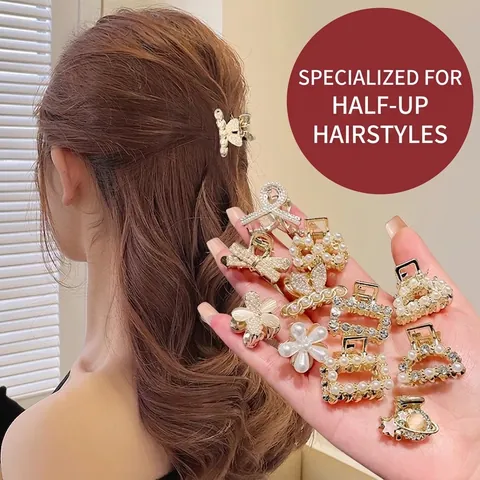 Mini Hair Claw Clips Elegant Alloy Faux Artificial Pearl Rhinestone Small Hairpins For Half Updo Side Fringe For Women Girls