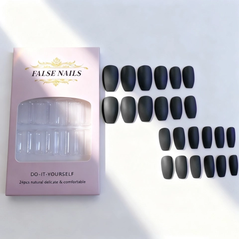 Matte Schwarze Kunstnägel Sarg Ballerina Form ABS Full Cover Lange Falsche Nägel Elegant Einfarbig