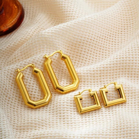 Minimalist Stainless Steel 18K Gold Plated Rectangle Geometric Hoop Earrings For Women French Vintage Style Jewelry