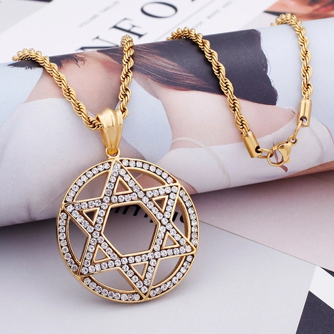 Collana Pendente Stella Di David Esagramma Acciaio Inossidabile Placcato Oro 18K Iced Out Zirconia Gioielli Hip Hop Uomo