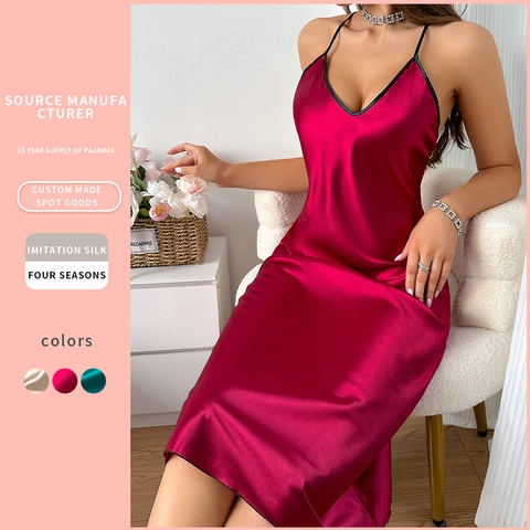 Camisón De Satén Mujeres Imitación Satén Cuello En V Tirantes Finos Espalda Descubierta Midi Vestido De Noche Ropa De Dormir